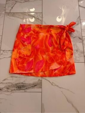 Midas Tie-Waist Floral Mini Skirt in Bright Orange & Pink